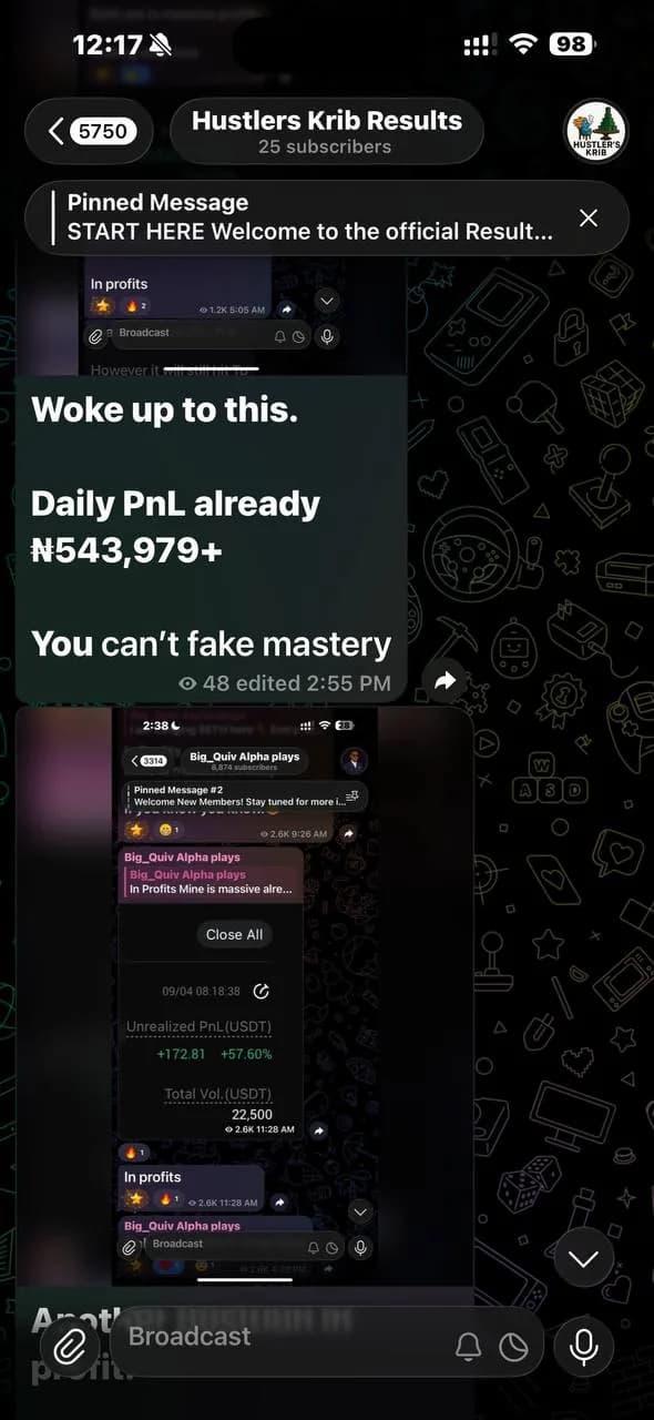 Telegram results channel post showing a daily PnL card, with the underlying signal channel messages and per-message view counts visible above it.