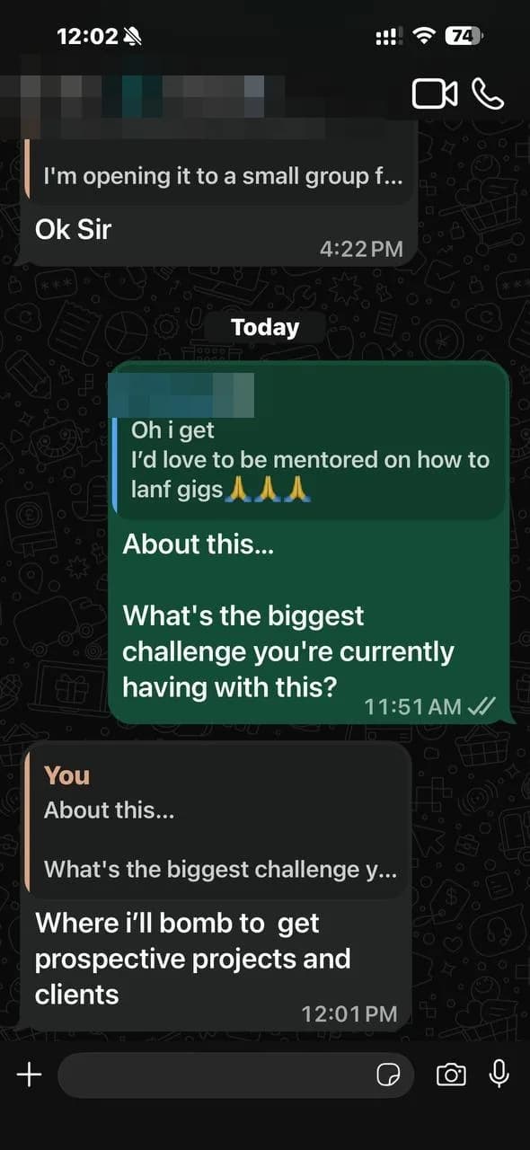 A WhatsApp message reading: Where i'll bomb to get prospective projects and clients. The sender's name is pixelated.