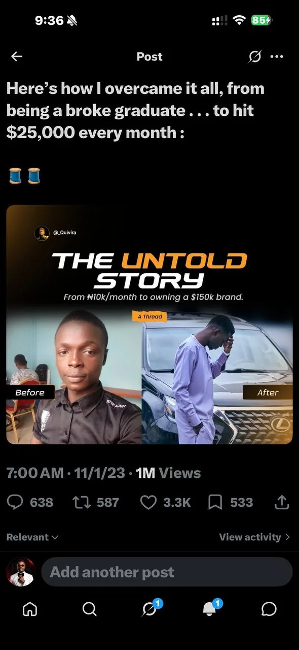 Pinned X thread titled The Untold Story with the full engagement bar visible: 1 million views, 3.3K likes, 587 reposts, 638 replies and 533 bookmarks, dated 1 November 2023.