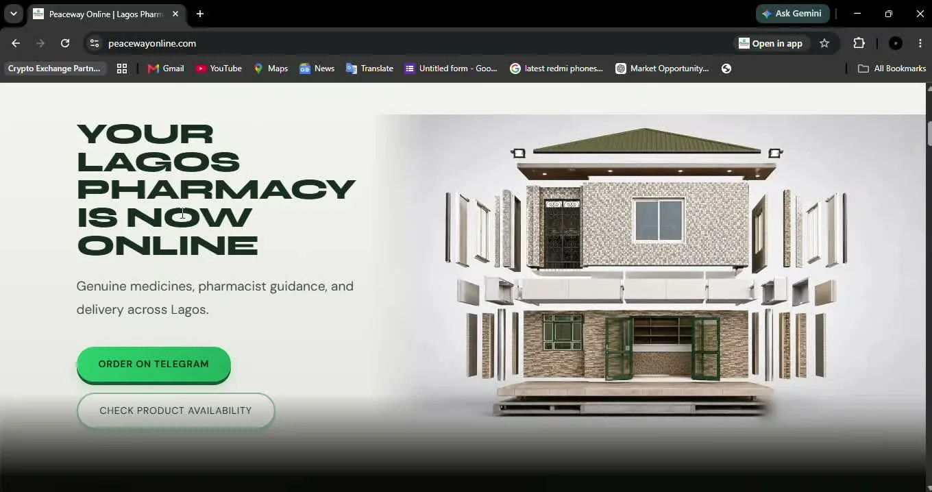 Peaceway Online homepage in a browser. The hero headline reads YOUR LAGOS PHARMACY IS NOW ONLINE with the subhead: genuine medicines, pharmacist guidance, and delivery across Lagos.