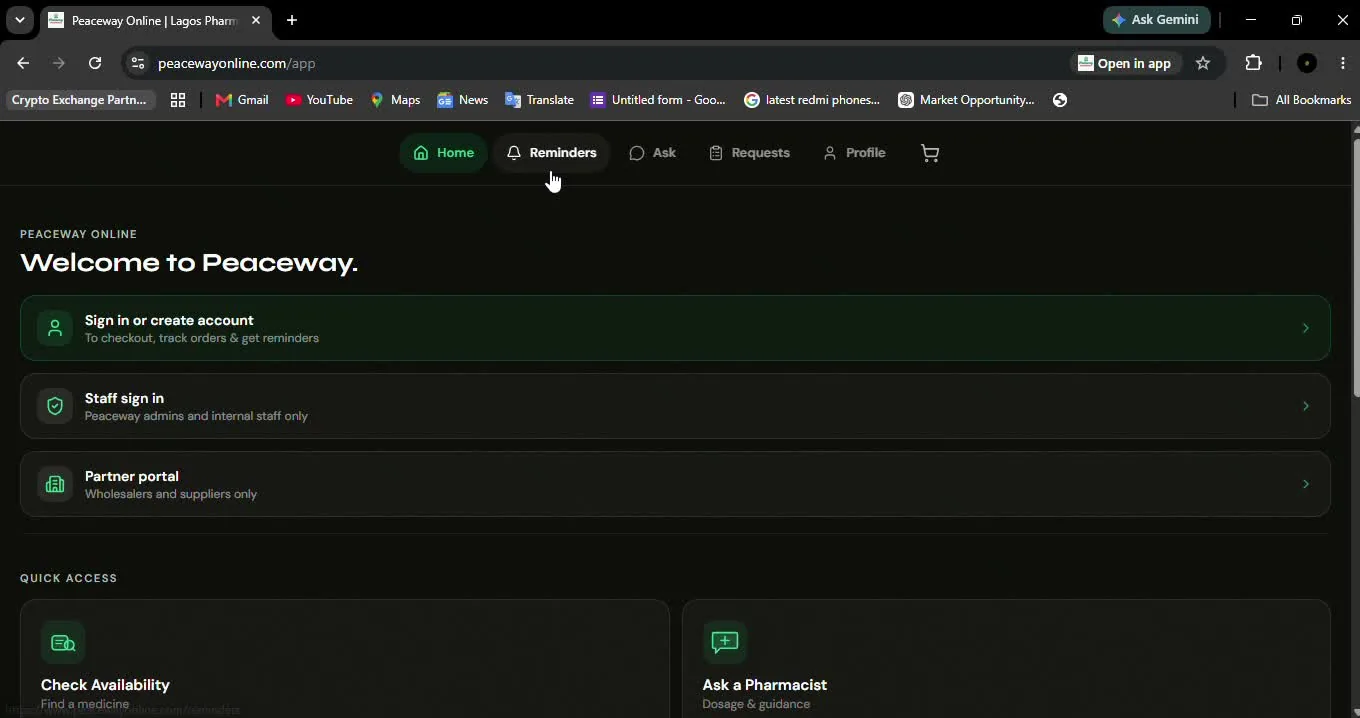 Three access tiers on peacewayonline.com: a customer portal for checkout, order tracking and reminders, a staff portal for Peaceway admins and internal staff, and a partner portal for wholesalers and suppliers.