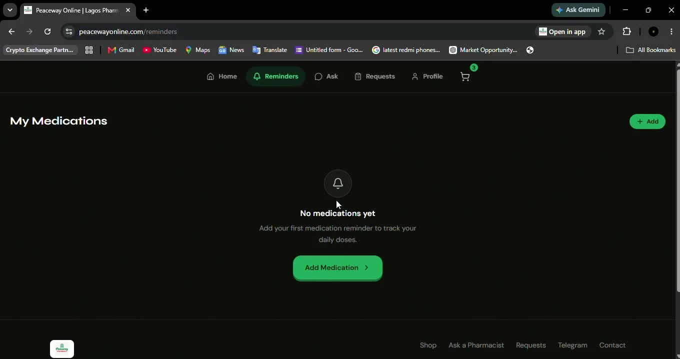 The My Medications screen on peacewayonline.com, showing an empty state with an Add Medication call to action for tracking daily doses.