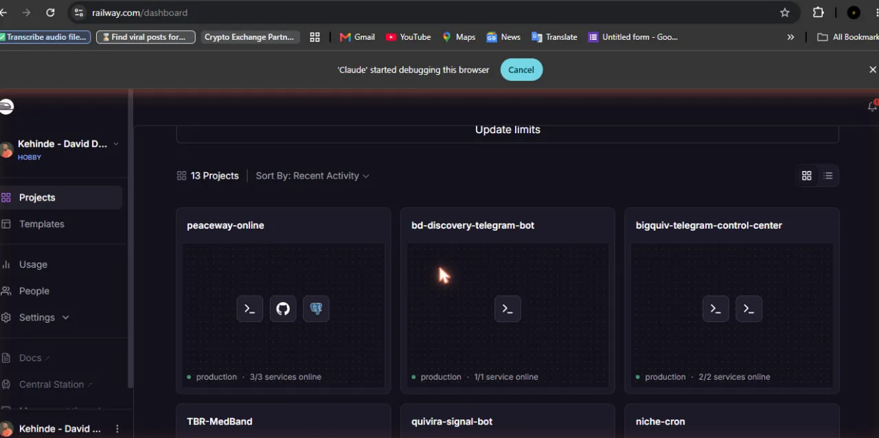 Railway dashboard showing 13 projects, with peaceway-online at 3 of 3 services online, bd-discovery-telegram-bot at 1 of 1, and bigquiv-telegram-control-center at 2 of 2, all on production.
