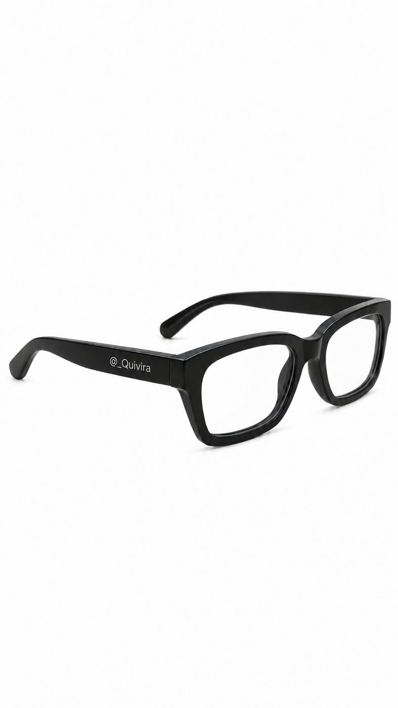 Glasses reference: black frames with @_Quivira on the arm