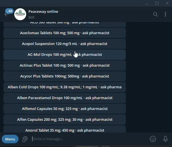 The Peaceway Telegram bot searching the pharmacy's inventory for a medicine.